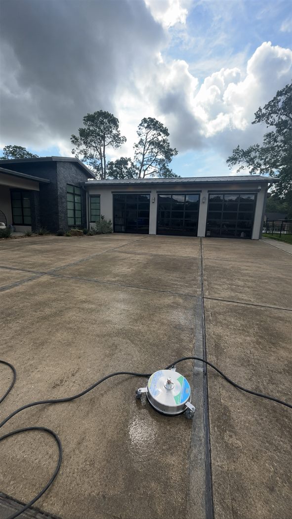 Concrete before pressure washing